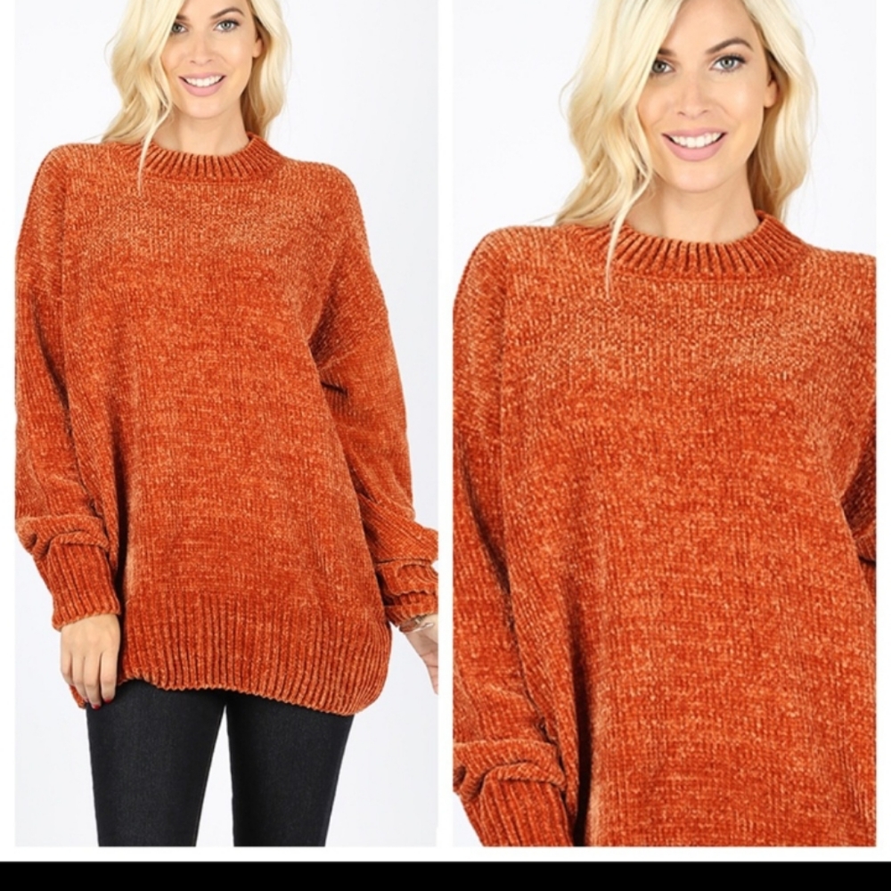 Natalie Chenille Knit Sweater Oversized Boyfriend Fit Long Sleeve Rust Sz Md NWT